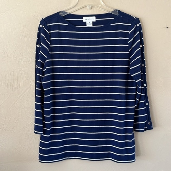 Liz Claiborne Ribbed Knit Pull Over Navy White Stripes Buttons on Sleeve Size M - Picture 2 of 11
